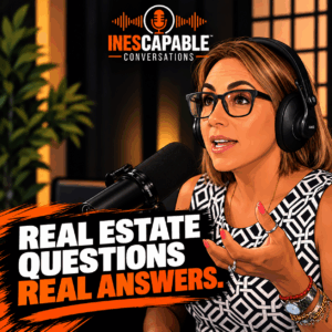 Cartoon illustration of Ines recording INEScapable Conversations, a real estate podcast from Avanti Way East Miami.